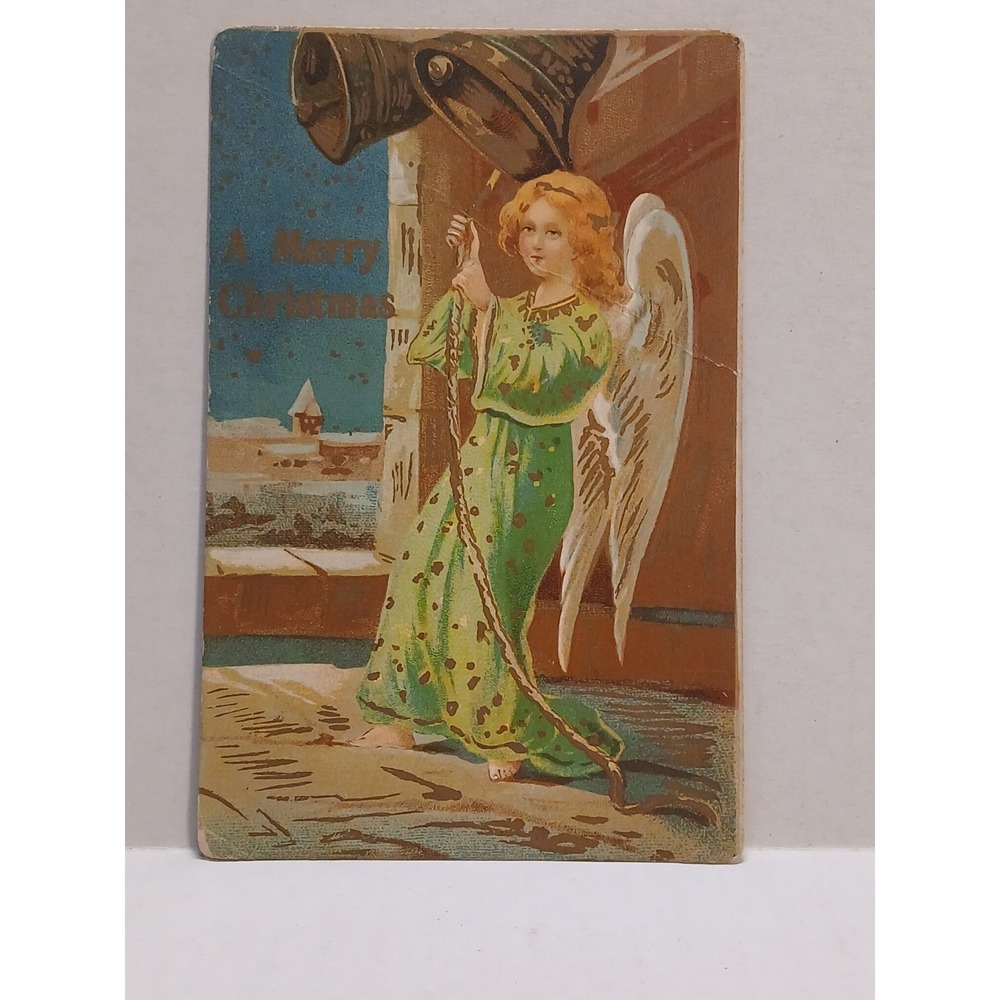 Postcard Merry Christmas Angel Green Dress Ringing Bells Snow S Dattilo‎ & Co C